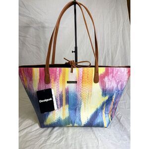 🌈 Desigual Reversible Tote - Bold Rainbow Print + Vegan Leather Straps (NWT!)
